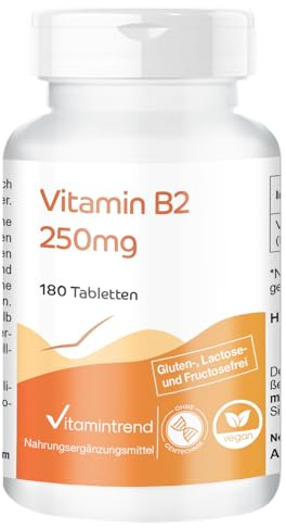 Vitamintrend Vitamin B2 Riboflavin 250 mg, 180 tabletter, sväljvänlig, 250 mg per tablett, högdoserad, veganskt kosttillskott utan magnesiumstearat, tillverkat i Tyskland