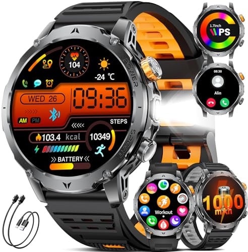 LIGE Smartwatch Herren 1000mAh Großer Akku, 1,7” Fitnessuhr mit LED Taschenlampe/Telefonfunktion, IP68, 110+ Sportmodi, Herz-/Schlaftracking für iOS/Android,2 Ladegeräte,3 Armbändern,EF24-E