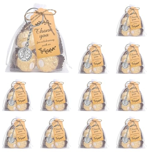 KSJEHW 12 Set Bomboniere Albero della Vita Portachiavi, Pensierini Comunione Bambina e Bambino, Segnaposto Battesimo, Matrimonio e Cresima, Include Sacchetti, Bigliettini e Corda di Juta