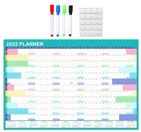 Wandkalender 2025, Jahresplaner mit doppelseitigem Klebeaufkleber, löschbarem Marker, 12-Monats Wandplaner, faltbar