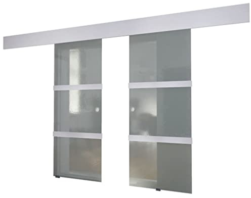 Foknhdi Porta scorrevole in vetro, doppia porta scorrevole in vetro, 205 x 75 cm per porta, vetro traslucido con guida in alluminio, moderna porta scorrevole per soggiorno e ufficio, porta interna