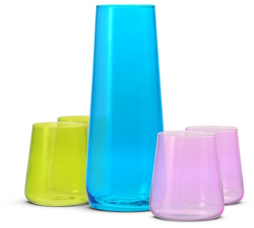 Krosno Karaffe mit 4 Gläsern Set bunt, Trinkset Glaskaraffe 1 L bleifrei | 4 Trinkgläser je 380 ml, Karaffe 1000 ml, Blau Grün Rosa, lackiertes Glas, Saftkrug Wasserkrug, Made in Poland
