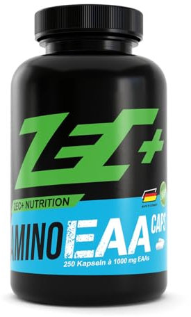 Zec+ Nutrition Amino EAA Caps, 250 Kapseln, essentielle Aminosäuren, hochdosiertes Aminosäure Pulver in Kapselform, 8 EAAs & wertvolle Vitamine, Made in Germany