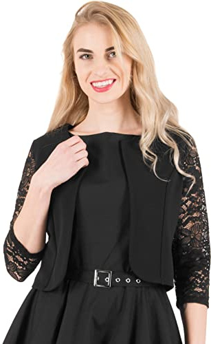 BlackButterfly Torera Mujer Manga 3/4 Encaje Floral | Cuerpo Liso Elástico, Delantero Abierto, Sin Cierres, Escote Redondo, Puño con Ribete, Tallas XS-5XL, Bodas