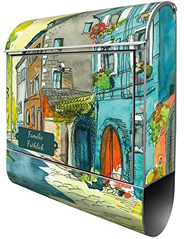 banjado® Design Briefkasten personalisiert Historischer Stadtkern 38,5x46,5x13cm & 2 Schlüssel - Briefkasten Stahl Silber Zeitungsfach pulverbeschichtet - Postkasten A4 Einwurf inkl. Montagematerial