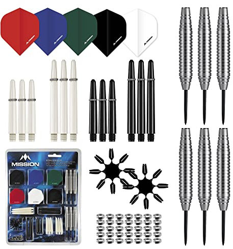 Mission Darts #_BX132 | 90-teiliges Dart-Set mit Stahlspitze, Zubehör-Set mit 24 g Messing-Barrels, 100-Mikron-Flights, Nylon-Schäften und Protektoren