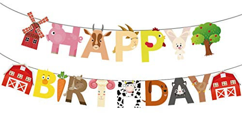 Happium Pancarta para fiesta de feliz cumpleaño, con temática de animales de granja, para fiesta de baby shower, con temática de granja, decoración de cumpleaños para 1er, 2do, 3er y 4to cumpleaños