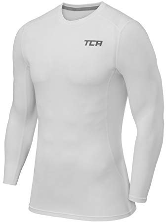 TCA Men Long Sleeve Compression Shirt, Athletic Workout Sports Undershirt Base Layer Top - Pro White, M