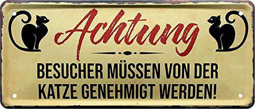 Blechschilder Lustiger Spruch “Achtung BESUCHER .“ Deko Katze Katzenschild Türschild Tor Metallschild Eingang Hauseingang Schild Geschenkidee für alle Katzenbesitzer oder Katzen Fans 28x12 cm