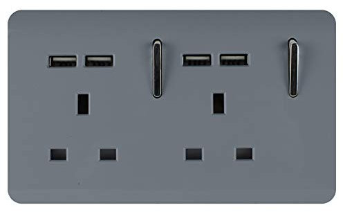 Trendi 2 Gang Artistic Modern Glossy Screwless Raised 13 Amp 240v Short 4 USB Type A Charging Points Double Chrome Switched Electrical Wall Plug Socket Warm Grey - ART-SKT213USBWG