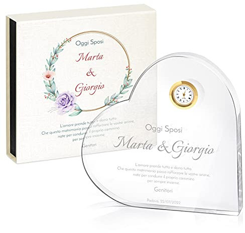 Maverton Cuore di Vetro con Orologio - con Incisione - in Scatola Personalizzata - Cuore di Cristallo - Orologio - Idee Regalo per Anniversario - Coppia