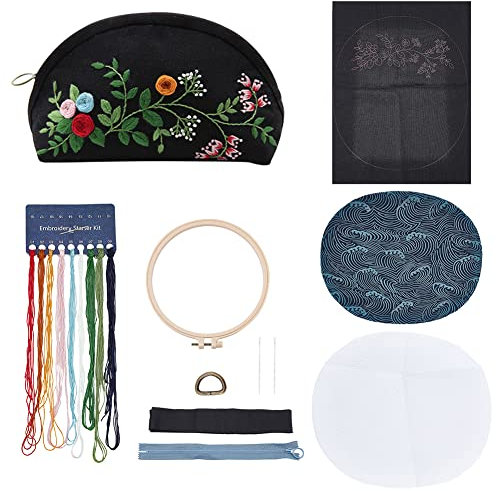 WADORN DIY Geldbörse Stickset, Handgemachte Stickerei Halbmond Tasche Kreuzstich Kit Mit Anleitung Blumenmuster Handarbeiten Nähen Handwerk Federmäppchen Herstellungsmaterialien, 17x8x12 cm