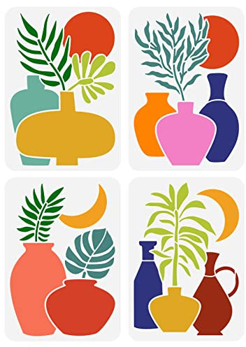 FINGERINSPIRE 4 Stück Boho Vase Schablone 21x29.7cm Wiederverwendbare Boho Sonnenaufgang Mondaufgang Malvorlage DIY Handwerk Tropische Pflanzen Schablone Zum Malen Auf Holz Fußboden Wand Und Möbel