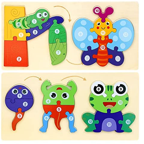 EDATOFLY Holzpuzzle f¨¹r Kleinkinder von 3 Jahren, Puzzle f¨¹r Kinder Puzzle ab 3 Jahre Montessori-Spielzeug Lernendes P?dagogisches Holzpuzzle-Spielzeug Kinderpuzzle (Frosch, Schmetterling)