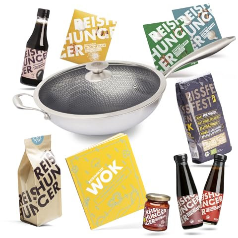 Reishunger Wok Starter Set (11-teilig) - Premium Edelstahl Wok inklusive Zutaten und Kochbuch