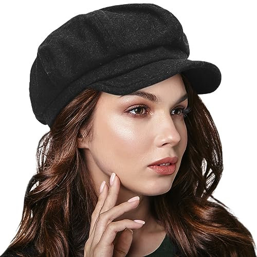 Donne Ottagonale Newsboy cap Annata Lana Cabbie Berret Cappelli con Visiera (Nero)