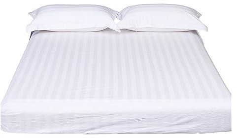 PAHION Bettlaken 100% Baumwolle Weiße Luxuriöse Hotelbettwäsche Spannbetttuch Mit Edlen Damast-Streifen Spannbettlaken Bis 25cm Topperhöhe (Color : White, Size : 180x200+25 cm)