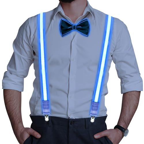 Moocuca LED Hosenträger Herren mit Fliege, 2er Set LED Leuchtende Hosenträger Herren mit LED Krawatte, LED Fliege LED Hosenträger für Musik Festival, Halloween-Kostümparty (Blau)