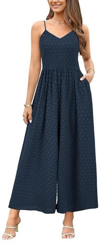 LAISHEN Jumpsuit for Women UK Playsuits Wide Leg Dressy Pants Overall Ladies Summer Casual Dungarees Romper with Pockets (Dark Blue, M)