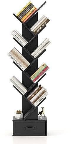 COSTWAY Tree Bookshelf, 10-Tiers Floor Standing Wooden Bookcase Storage Shelving Unit, Narrow Magazine Book Display Rack for Living Room, Bedroom and Office (Black, with Drawer)