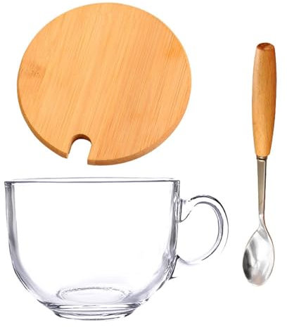 Bafnsiji Glas Kaffeetassen Set, Glas Müsli Schüssel Suppe mit Griff, 450ml Microwavable Glas Tasse mit Bambus Deckel und Löffel, Microwavable Suppe Tassen