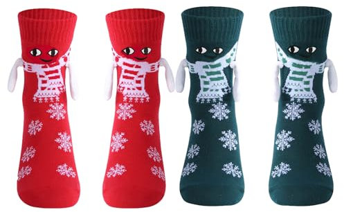 Weihnachtssocken Lustige Magnetische Socken mit Händen Hand in Hand Holding Socks Kleine Weihnachtsgeschenke für Frauen Männer Freundin Freunde Paare Kinder Familie (1 Paar Rot&1 Paar Grün, One Size)