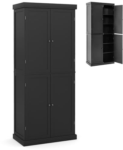 COSTWAY 184cm Tall Kitchen Cupboard, 6 Tiers Buffet Pantry Storage Cabinet with 4 Doors, Adjustable Shelves & Anti-tipping Device, Freestanding Sideboard Organizer for Dining Room (4 Doors, Black)