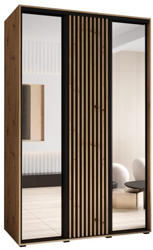 MEBLE KRYSPOL Sapporo 2 Moderner Schrank mit DREI Schiebetüren mit Spiegel, Stange, Regalen - Aufbewahrungsschrank für Schlafzimmer, Wohnzimmer - 205,2x160x60 cm - Artisan Schwarz Artisan