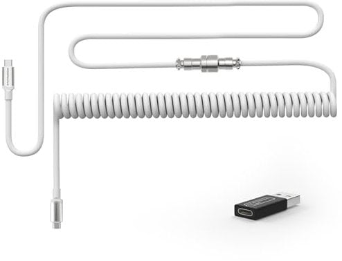 MAMBASNAKE Coiled USB C Cable for Mechanical Keyboard with Usb to Usb C Adaptor, Type C To Type C, HyperSpeed Cable with 8K Hz Return Rate & 5-Pin Metal Aviator Connector, 4.92ft Length - White