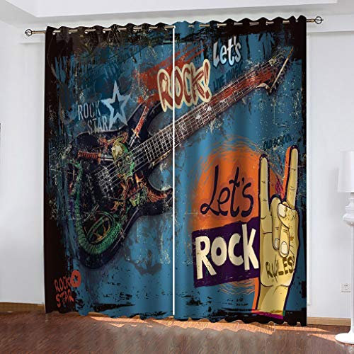 Vorhang Blickdicht 3D Retro-Musikgitarre Muster Ösenschal - 2 Stücke Verdunklungsvorhänge Mit Ösen Kinderzimmer Schlafzimmer Schallschutz Vorhang Verdunkelung Gardinen 200X160Cm (BxH)