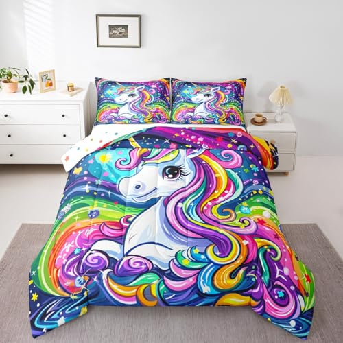 Castle Fairy Einhorn-Bettwäsche-Set, King-Size-Größe, 3-teilig, buntes Einhorn-Bettwäsche-Set für Mädchen, Kinderzimmer, Dekoration, Universum, Sternenhimmel, Aquarell, wendbar, Ganzjahresdecke mit 2