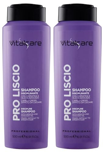 Shampoo PRO LISCIO Disciplinante Per Capelli Crespi, Difficili Da Lisciare. Con Cheratina e Olio Di Avocado 500ml (2 Flaconi)