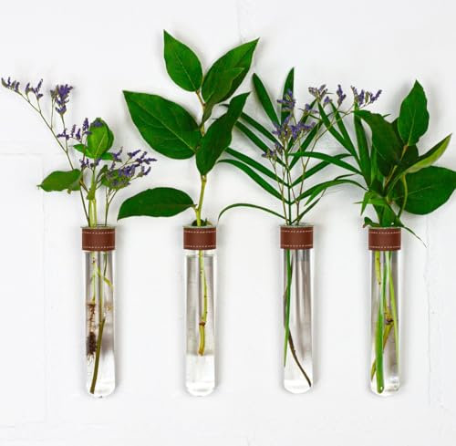 TWILG - Reagenzgläser für Blumen mit cognackfarbenem Leder und Wandmagnet - 4er Set - Blumenvase, Magnet vase, Reagenzgläser mit Ständer, Reagenzglas vase Wand, Magnetische vase