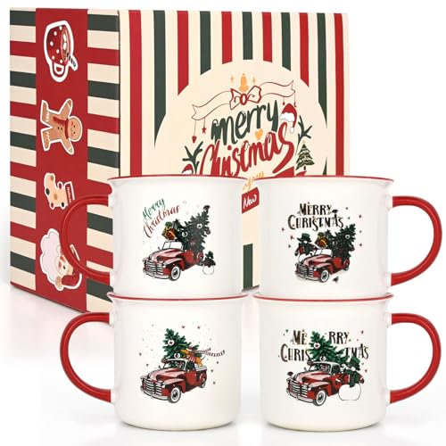 Joymaking Ceramic Christmas Mugs (4), 13 Oz, Red Truck, Holiday Cups for Hot Chocolate Hot Cocoa, Gifts for Family, Microwave Safe