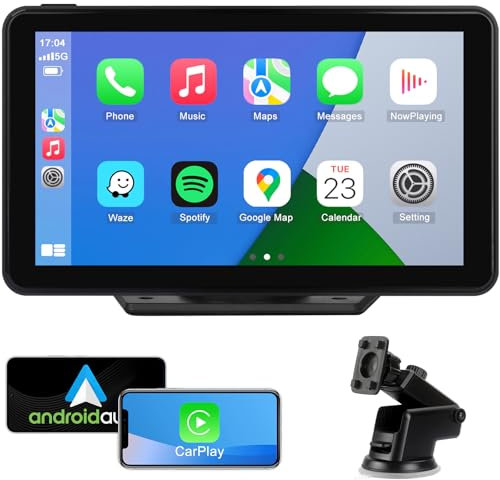 Wireless Apple CarPlay Android Auto Screen for Car, 7 HD Touch Screen Car Stereo Portable Live Navigation Car Play Mirror Link Music Video Player Siri/AirPlay/AUX/FM/Radio