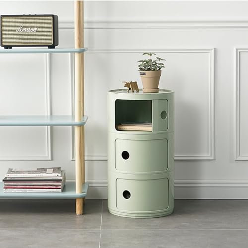 Plastic Nightstand End Table with Sliding Door - Round Bedside Storage Unit Chest for Bedroom/Bathroom/Office - Modern Nordic Side Table & Cabinet
