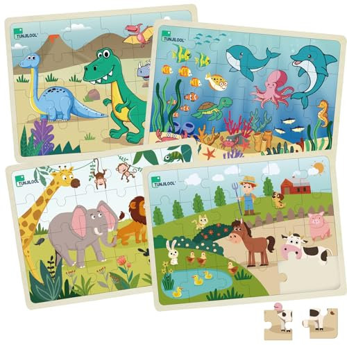 TUNJILOOL Wooden Puzzles for Kids, 4 Packs 24 Piece Animals Jigsaw Puzzles, Educational Toys for Children, Durable Wooden Toys for Toddlers, Suitable for Family Fun and Learning