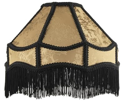 Gold Shimmer Victorian Lamp Shade with Floral Decoration and Black Hanging Long Tassels | 30cm x 19cm | for Pendant, Floor or Table Lamp by Happy Homewares