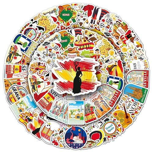 Spanish Travel Stickers Pack,50PCS Vinyl Spain Stickers for Water Bottles Laptops Luggages Scrapbooks Tumblers Skateboards,Funny Spanish Designs for Teens Adults