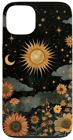 Vintage Boho Celestial Floral Sun Moon Stars Painting Art Case for iPhone 13