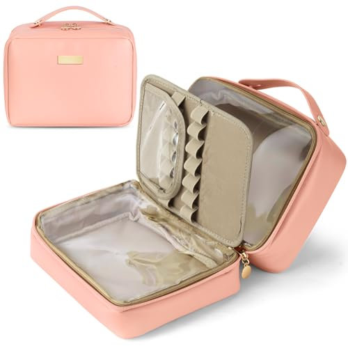 Aucuu Kosmetiktasche Damen, Groß Make up Tasche, Reise Schminktasche, Leder Tragbare Kulturbeutel, Cosmetic Bag mit Griff und Teiler, Kosmetische Tasche, Wasserdicht Kosmetiktasche für Damen Mädchen