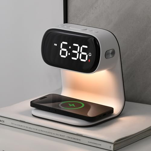 Nachttischlampe mit Ladefunktion,Wake Up Licht lichtwecker,15W Wireless Charger,Dimmbar Tischlampe Touch Control,3 Helligkeitsstufen,Digital Daylight Alarm Clock für Schlafzimmer Wohnzimmer Büro