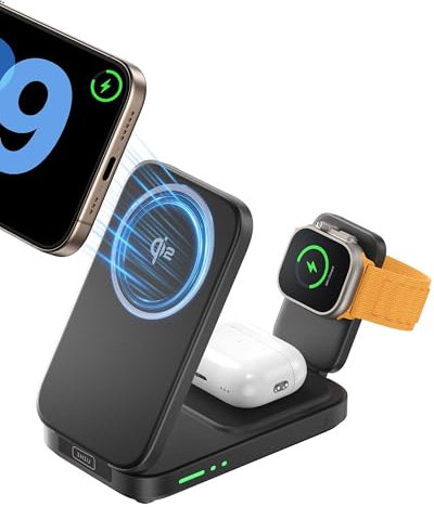 INIU Cargador Inalámbrico 3 en 1, mag-Safe Estacion de Carga 15W Carga Rapida Certificado Qi2, Carregador Sem Fios Compacta para iPhone 16 15 y Apple Watch Ultra 10 9 8 7 6 SE 5 4 3, AirPods Pro/4/3