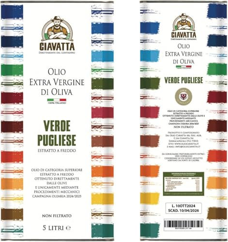 CIAVATTA - Olio Verde Pugliese Ciavatta – 5 Litri – Intenso, Non Pizzica in Gola, Bassissima Acidità, 100% Italiano