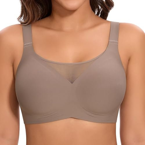 Jiuday BH Damen ohne Bügel Große Brüste Starker Halt Push Up BH ohne Buegel Seamless Bequem Klassische Soft Nahtloser Bügelloser T Shirt Bra Gepolstert Mesh Bralette (Flacher V Kaffee,XL)
