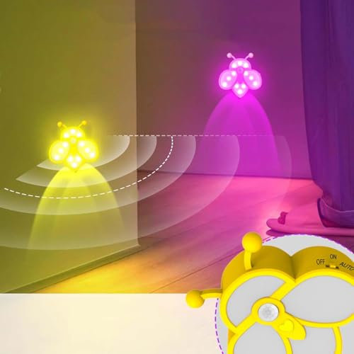 AoLa Nachtlicht mit Bewegungsmelder, LED Akku Wandleuchte Innen USB Aufladbar Kabellos Wandlampe mit 7 Farben RGB Dimmbar Bienen Nachtleuchte Wand Dekolampe für Treppe Kinderzimmer Flur,Rosa