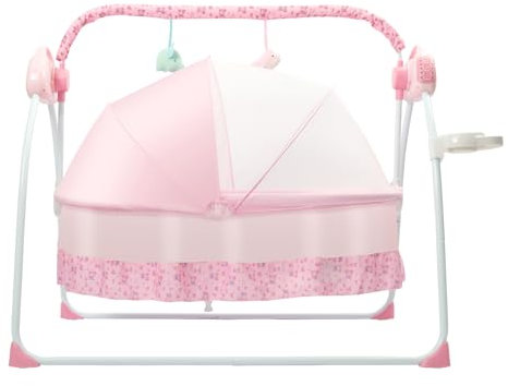 Elektrische Baby Swing Rocker Mit Bluetooth Musik 5 Geschwindigkeit Auto 55Lbs KapazitäT Faltbare Bassinet Timer Fernbedienung Rosa SäUglingswiege FüR 0-18 Monate Inklusive Moskitonetz Spielzeug Bar