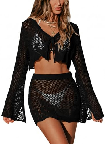 CUPSHE Women Crochet Cover Up Swimsuit Set Long Sleeve 2 Piece Summer Beach Suit Outfit