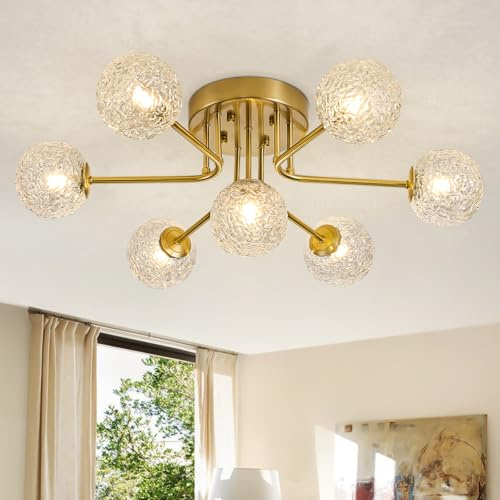 JUJUQI Moderne Sputnik Deckenleuchte mit 7 Transparente Glaskugel Gold Deckenlampe, Vintage Kronleuchter, halb eingebaute Pendelleuchte für Wohnzimmer Schlafzimmer Küche und Esszimmer