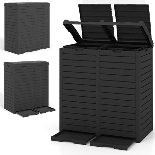 RELAX4LIFE Pattumiera Differenziata Esterno per Giardino a 1 o 2 Scomparti, con Vassoio per Liquidi, Coperchio e Maniglia,in Resina Resist. Intemperie (1, NERO, 235L)